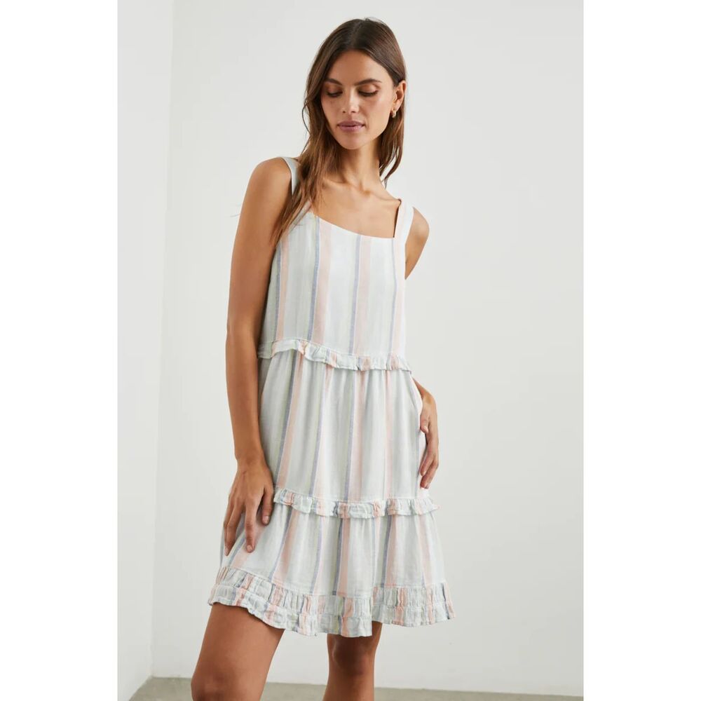 Rails Dress Linen Sandy Tiered Mini Sundress Biarritz White Stripe Med Summer